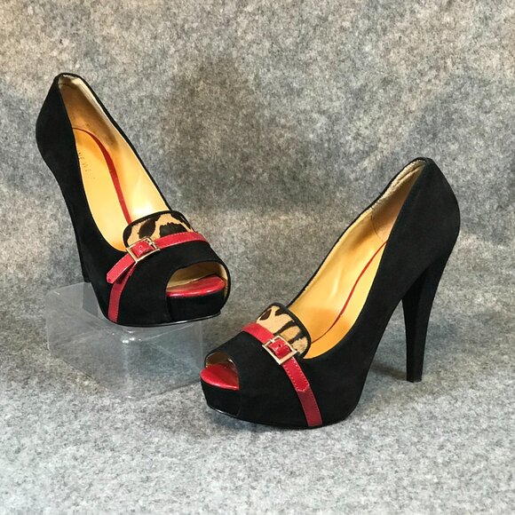 Nine West Women's Black Leather Front Red Strap Leopard Open Toe Heel Shoes - Picture 4 of 14